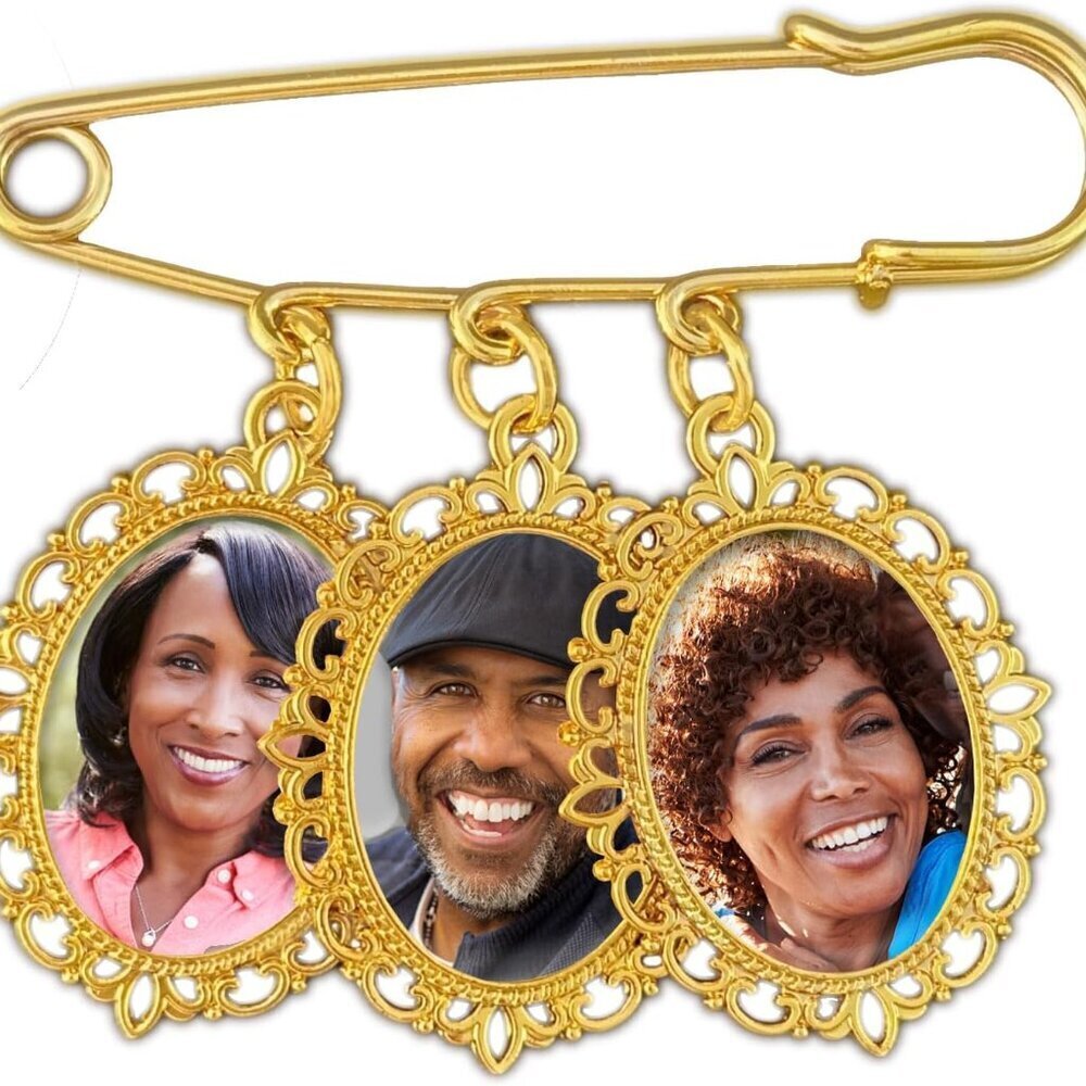 Gold Wedding Photo Charm Keepsake Bouquet Pin Memorial Brooch for Bride Groom